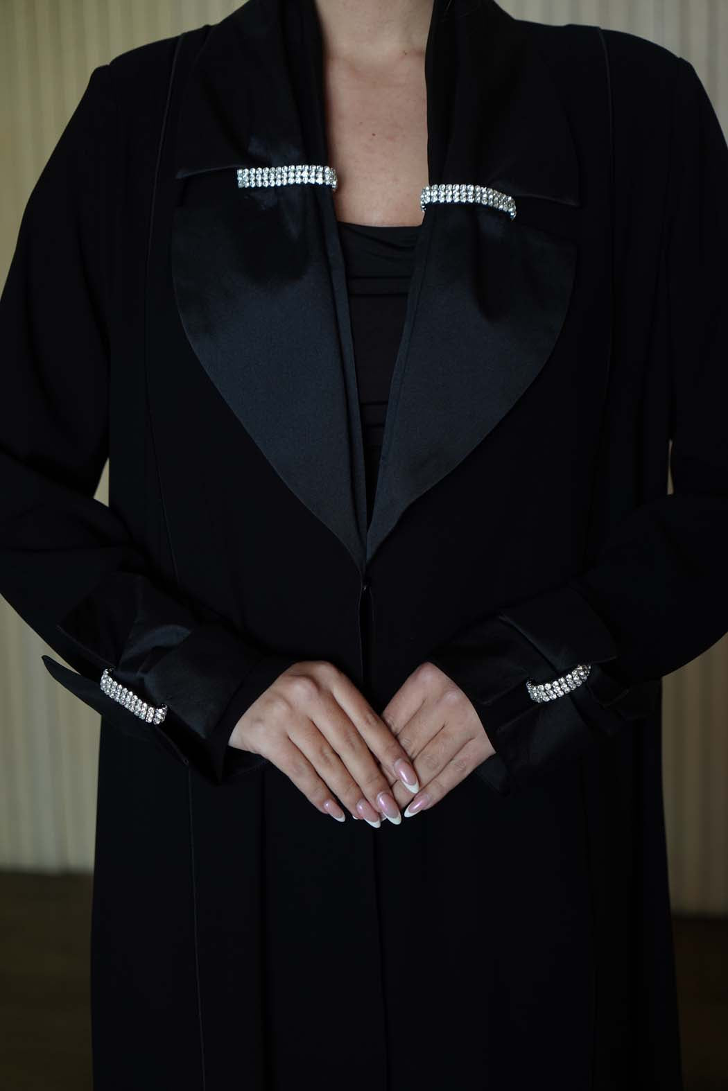 "Black Satin Chic" Abaya with Dazzling Crystal Accents