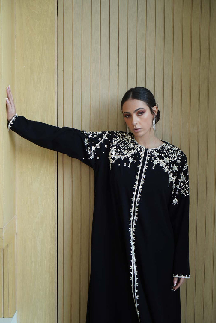 "Royal Details" Abaya: Dazzling Silver Embroidery on Luxurious Black Fabric