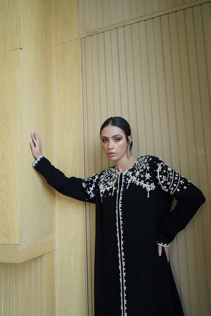 "Royal Details" Abaya: Dazzling Silver Embroidery on Luxurious Black Fabric