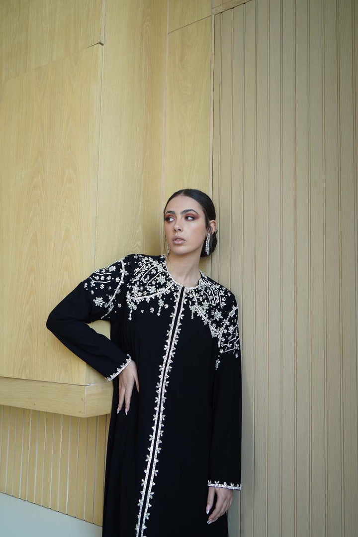 "Royal Details" Abaya: Dazzling Silver Embroidery on Luxurious Black Fabric