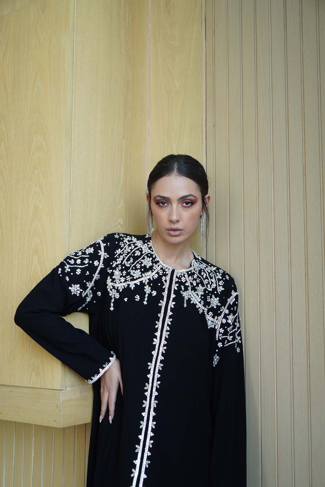 "Royal Details" Abaya: Dazzling Silver Embroidery on Luxurious Black Fabric
