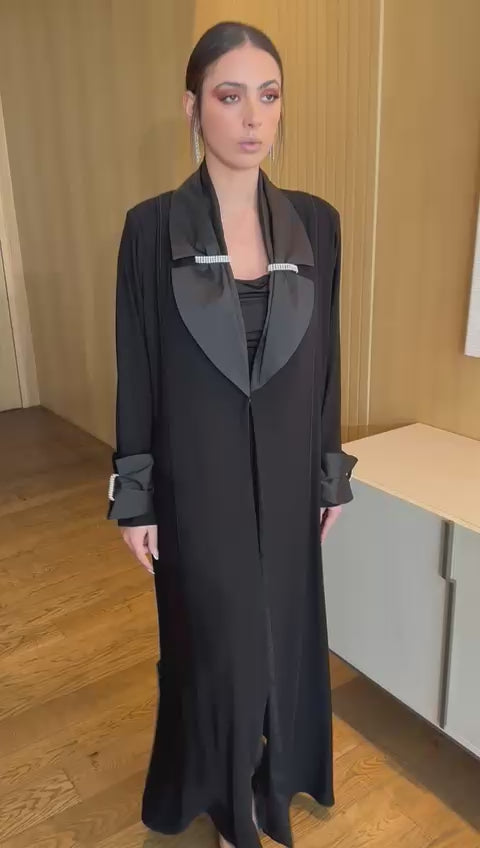 "Black Satin Chic" Abaya with Dazzling Crystal Accents