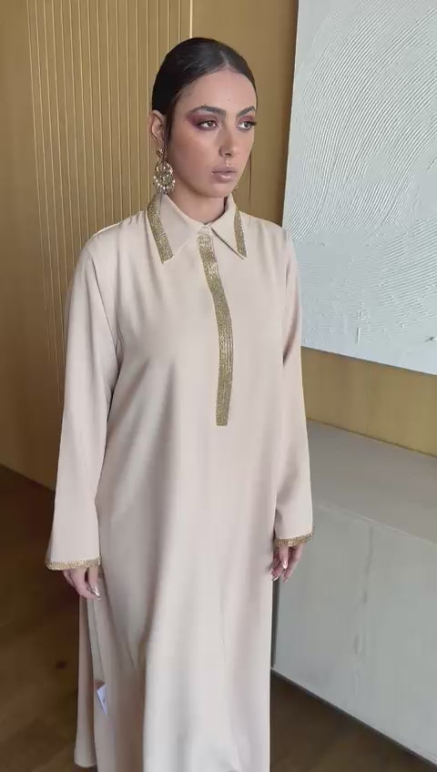 Pearl Radiance" Beige Kaftan / Jalabiya with Gold Embroidery