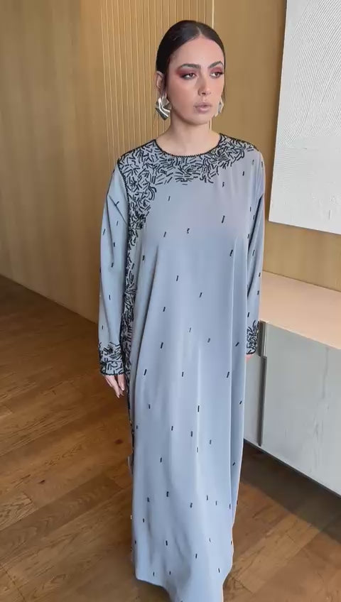 Elegant Grey Jalabiya with Luxurious Black Embroidery