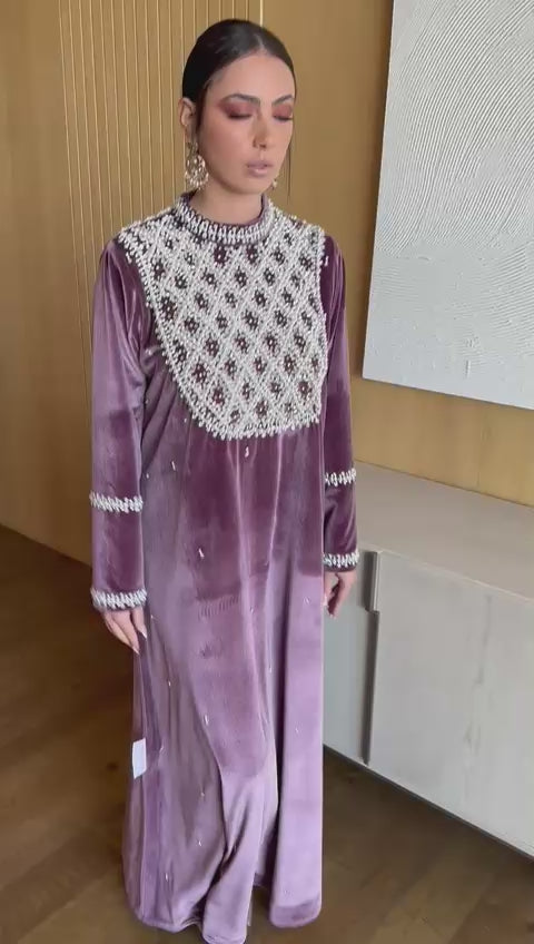 Royal Plum" Luxury Velvet Kaftan / Jalabiya with Pearl Embroidery FROM FAVITAA