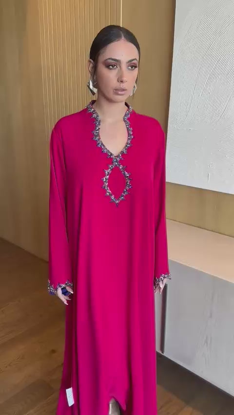 Elegant Fuchsia Jalabiya with Shimmering Collar and Sleeve Embroidery