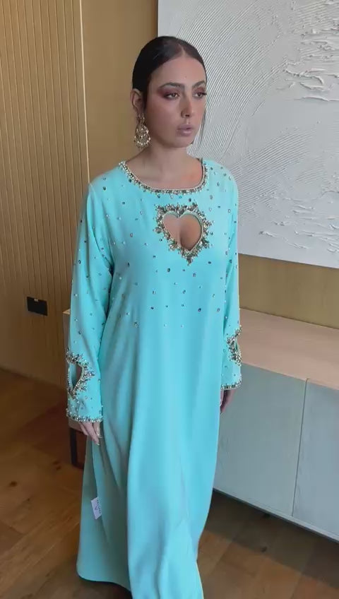 Luxurious Sky Blue Jalabiya with Shimmering Heart Embroidery