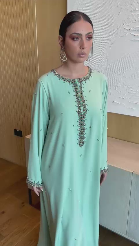 Mint Green Jalabiya with Cascading Crystal Embroidery