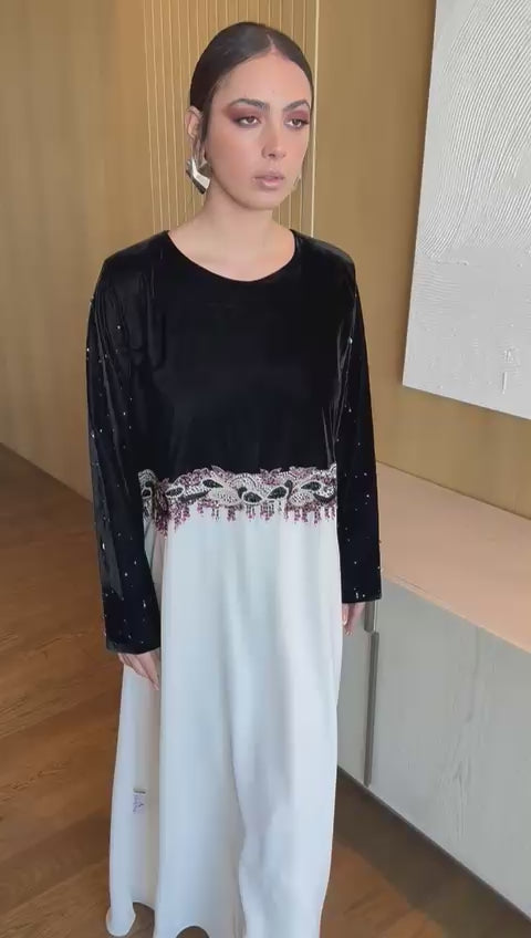 Elegant Two-Tone Velvet & White Embroidered Jalabiya